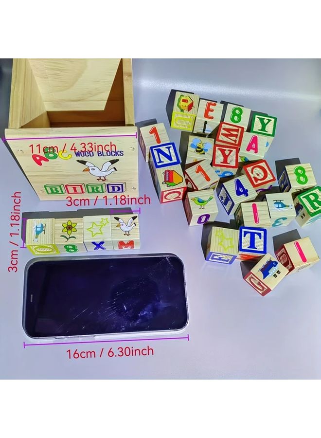 Wooden Blocks Set Early Learning Alphabet Numbers Fruits Animals Puzzle Toy - Image 3